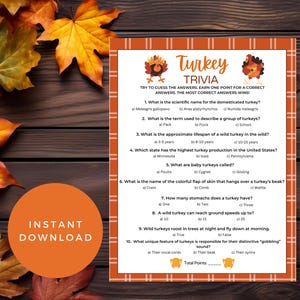Turkey Trivia, Thanksgiving Trivia Game, Friendsgiving Game, Fall Trivia Game, Autumn Trivia Quiz, Thanksgiving Quiz, Fall Printables