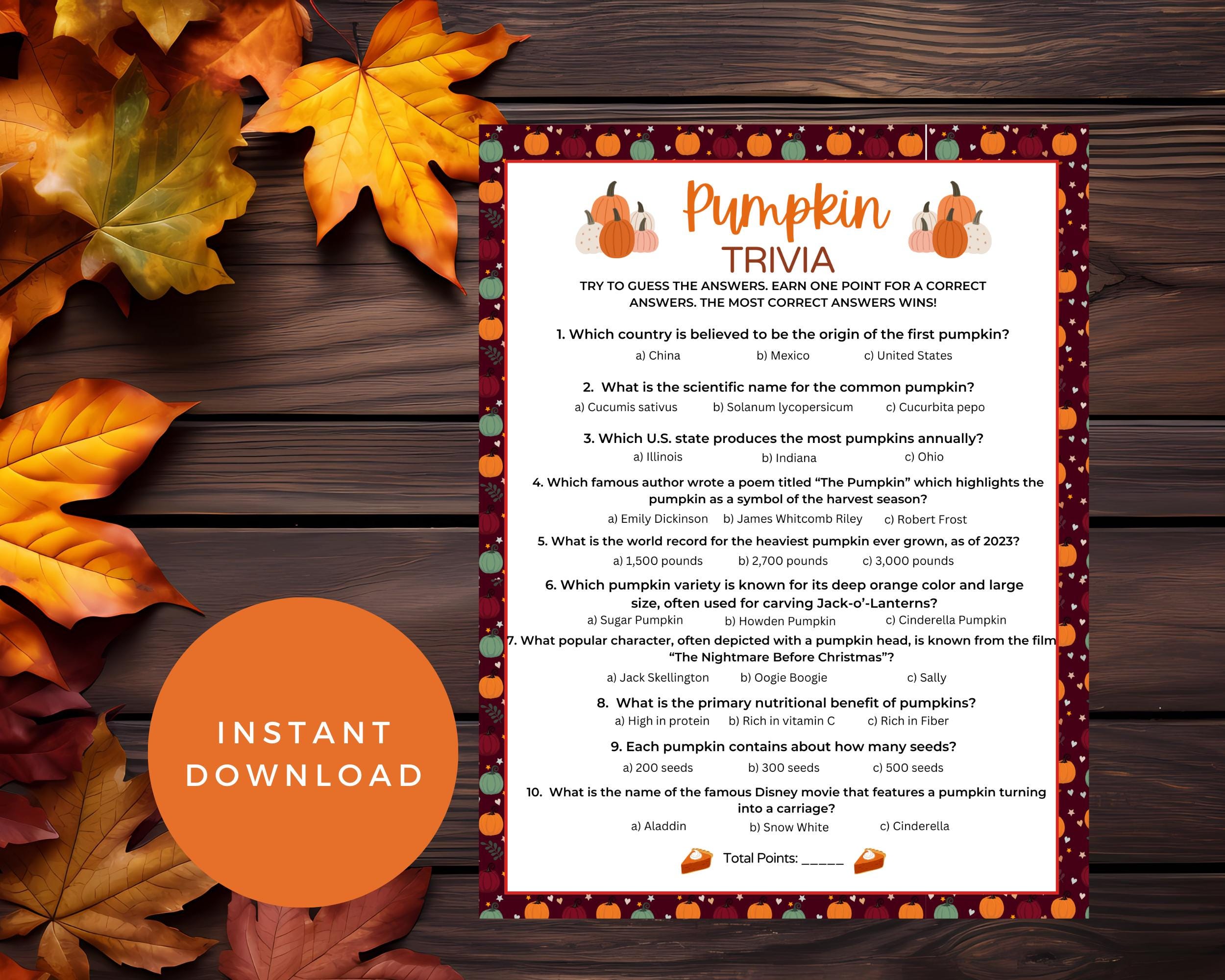 Pumpkin Trivia, Pumpkin Trivia Game, Fall Trivia Game, Autumn Trivia ...