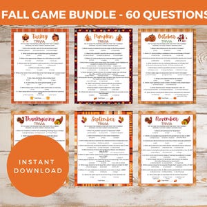 May include: A printable set of 6 fall-themed trivia games. Each game features a different fall holiday, including Thanksgiving, September, November, Turkey, Pumpkin, and October. The games are printed on a brown and orange plaid background with a fall-themed illustration at the top of each page. The text "FALL GAME BUNDLE - 60 QUESTIONS" is printed at the top of the image.