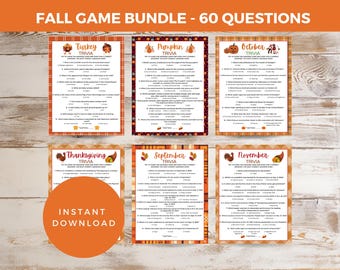 May include: A printable set of 6 fall-themed trivia games. Each game features a different fall holiday, including Thanksgiving, September, November, Turkey, Pumpkin, and October. The games are printed on a brown and orange plaid background with a fall-themed illustration at the top of each page. The text "FALL GAME BUNDLE - 60 QUESTIONS" is printed at the top of the image.