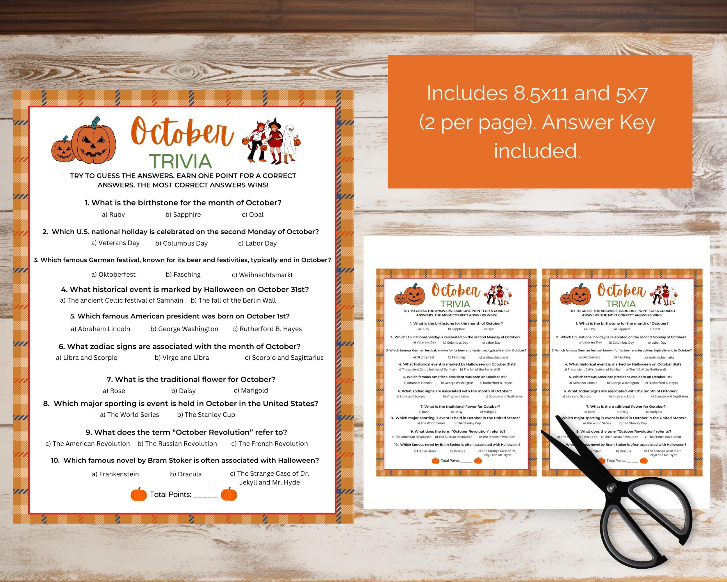 October Trivia Game, October Trivia, Month Trivia Game, Fall Trivia ...