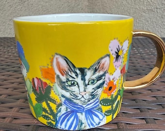 Anthropologie Francesca Kaye Feline Cat Atelier coffee tea mug cup Yellow Gold Floral 14oz