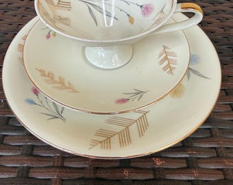 Vintage 1950S Germany, Three Piece Tea Cup Saucer Plate Floral And Gold Pattern