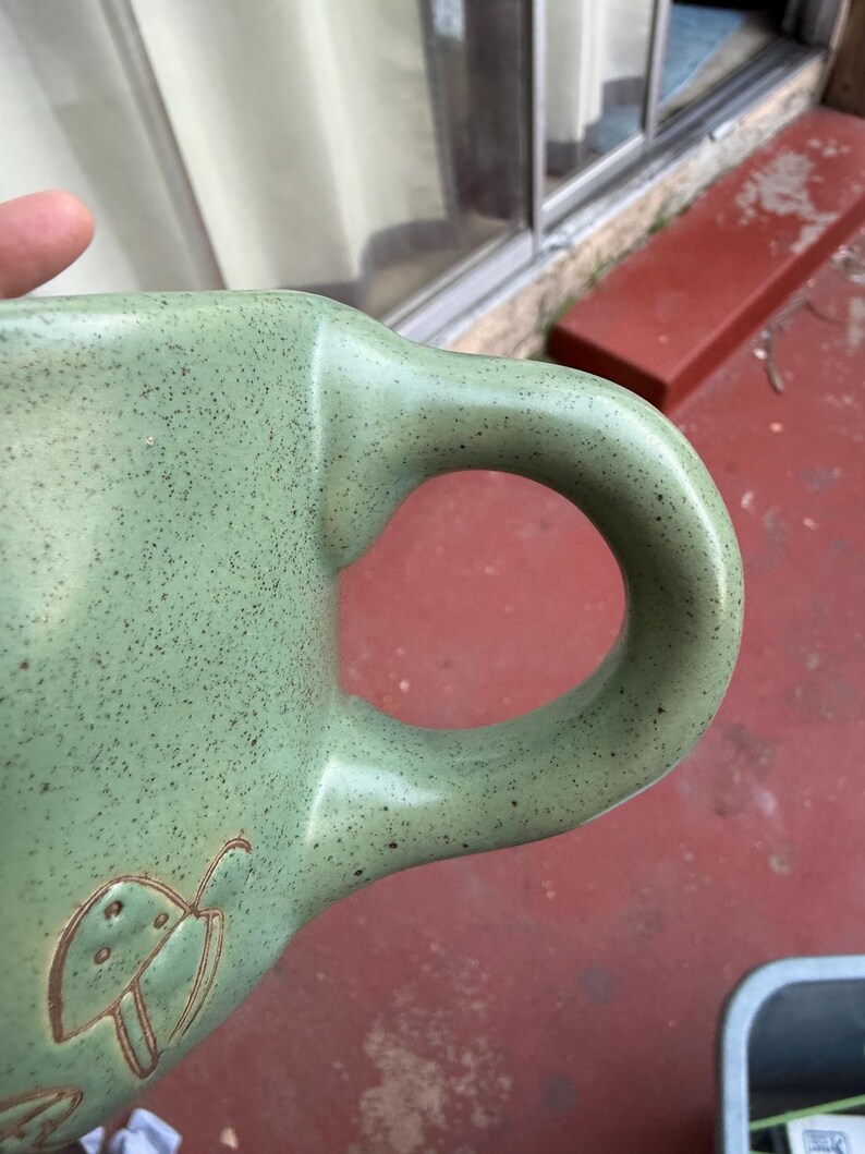 May include: A speckled, light green ceramic mug with a large handle. The mug features an embossed mushroom design. The mug is held by a hand, with the handle facing the viewer.