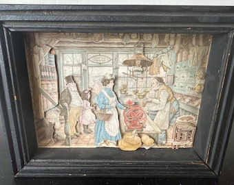 3D rare Art Diorama Shadow Box Framed Market Place Vintage 1960’s Anton Pieck