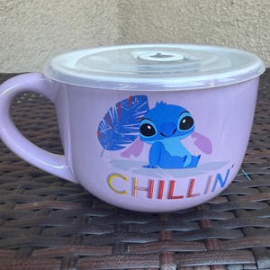 Disney Lilo & Stitch "Chillin" Ceramic Soup Mug With Vented Lid Holds 24 purple image 1