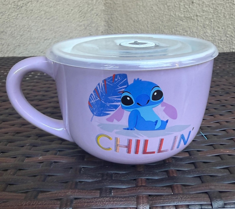 Disney Lilo & Stitch "Chillin" Ceramic Soup Mug With Vented Lid Holds 24 purple image 1