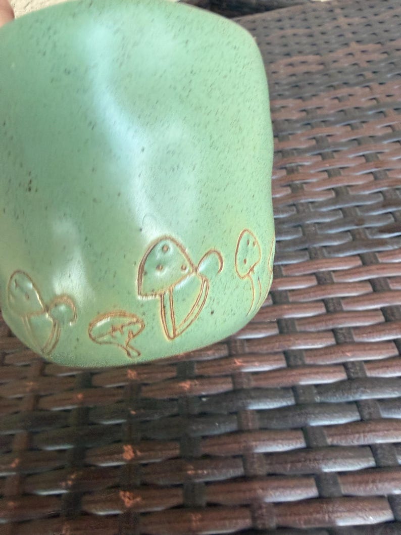 May include: A light green ceramic mug with a textured surface. The mug features a series of etched mushroom designs in a lighter brown color. The mug is partially visible, showcasing its rounded shape and the detailed mushroom illustrations.