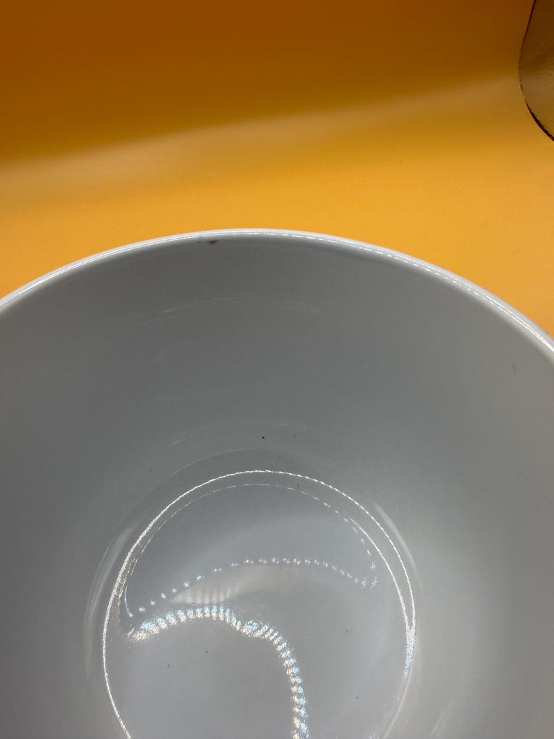 May include: A white ceramic bowl with a smooth, glossy finish. The bowl has a rounded shape and a wide rim. The interior of the bowl reflects light, creating a subtle sheen. The background is a solid orange color.