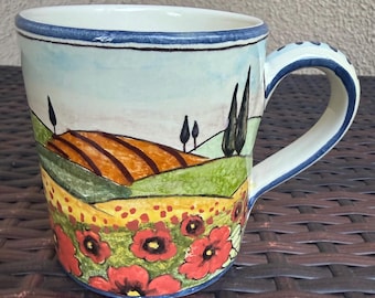 Italian Ceramic Art Pottery Mug Cup Decorated Poppies tuscan Landscape Hand Painted Made in ITALY