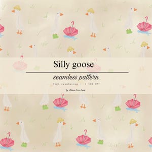 Peut inclure: Motif sans couture avec des oies portant des chapeaux, des parapluies roses et des sacs verts. Le texte "Silly goose seamless pattern" est sur un fond beige avec des illustrations d'herbe. Idéal pour divers projets.