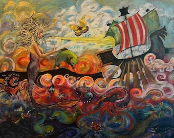 May include: A colourful painting depicting a mermaid with flowing blonde hair, a green dolphin, and a ship with red and white striped sails. The background features swirling clouds and a vibrant underwater scene with an octopus, seahorses, and other marine life.