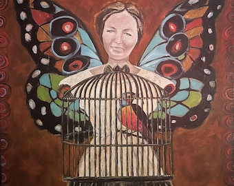 May include: A painting of a woman with butterfly wings holding a birdcage with a colorful bird inside. The woman is wearing a white dress and the cage is made of metal.