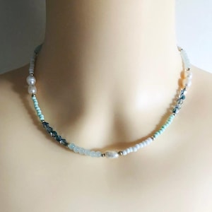 Necklace in pastel colors, blue jade beads and glass beads with natural baroque pearls, handmade in gold or silver
