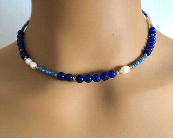 Sapphire necklace with baroque pearls – Genuine faceted blue sapphire – Elegant pearl necklace for women – Gift for her – Blue & Gold