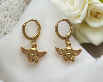 Golden Baroque Angel 18K with Mini Hoop Earrings, Art Nouveau and Vintage Style, Minimalist Earrings, Guardian Angel, Angel Pendant