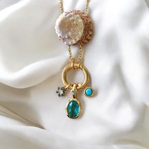 Dainty gold chain with small carabiner and charms in blue, stainless steel gold, necklace for women