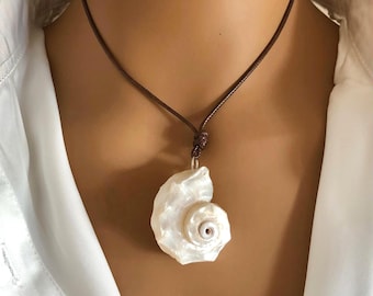 Shell necklace with natural white mother-of-pearl shell and leather cord, necklace for her and him, white and shiny shell