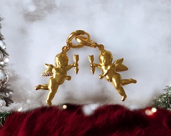 Earrings with a golden baroque angel, mini hoop earrings in Art Nouveau and vintage style, minimalist earrings with Cupid angel