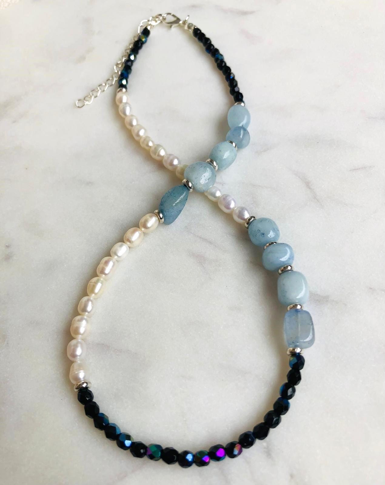 Collier Perles Aigue-marine Naturelle Bleue - Fait Main - Longueur 13 Pouces - Fermoir Homard