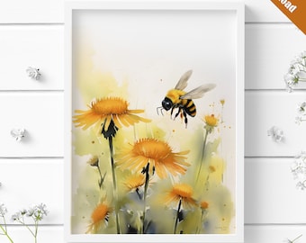 Biene Aquarell Art Print Hummel & gelbe Blumen (Digitaler Download)