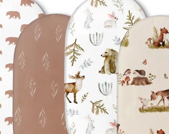 Woodland Forest Animal Fitted Crib Sheets - 4-Pack - Oval Bassinet Nursery Bed Sheet for Craddle Mattress Cushion Cover for Nap and Sleeping