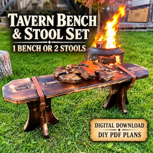 Könnte beinhalten: Ein dunkles Holz-Tavernenbank- und Hocker-Set mit Lederriemen. Der Text lautet TAVERN BENCH & STOOL SET 1 BENCH OR 2 STOOLS und DIGITAL DOWNLOAD DIY PDF PLANS. Die Bank zeichnet sich durch ein geflammtes Holzfinish und modulares Design aus.