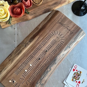 Personalized Cribbage Board, Maple or Walnut Crib Boards with Live Edge, Rustic Game Board & Peg Storage, Custom Engraved Gifts, Family Game