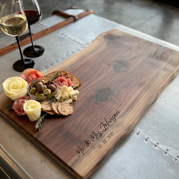 Personalized Live Edge Charcuterie Board: Black Walnut, Maple or Cherry Engraved Wood Serving Tray