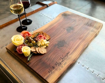 Personalized Live Edge Charcuterie Board. Walnut, Maple or Cherry Wooden Cheese Board. Optional Handle