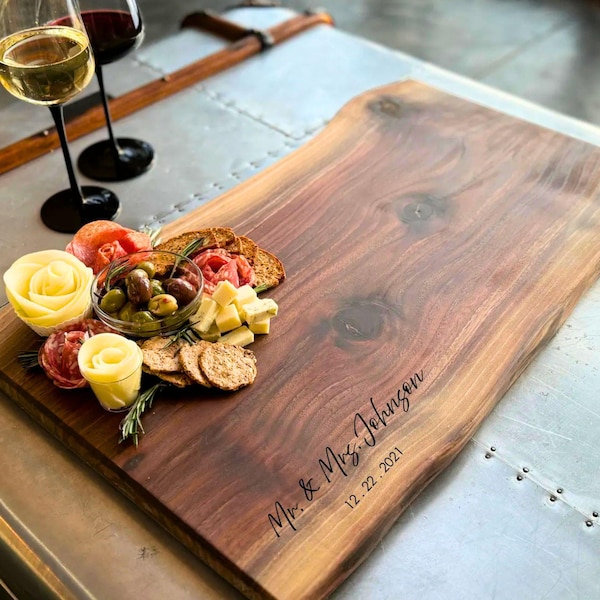 Personalized Live Edge Charcuterie Board. Walnut, Maple or Cherry Wooden Cheese Board. Optional Handle
