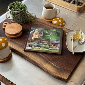 Charcuterie board accessorized as home decor, live edge statement piece for coffee table.