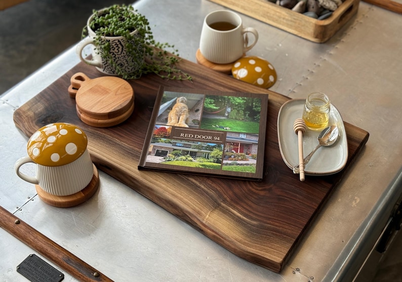 Charcuterie board accessorized as home decor, live edge statement piece for coffee table.
