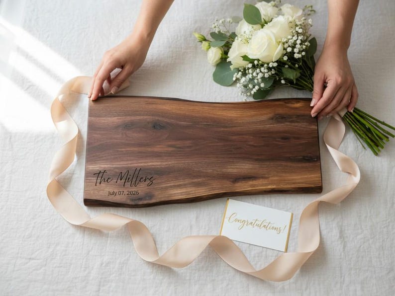 Personalized cutting board gift wrapped, suggestive wedding gift for couple and ideal real estate closing gift or housewarming gift
