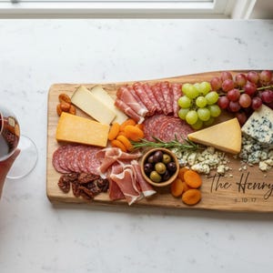 Charcuterie board with meats cheese and wine, perfect entertaining board for housewarming or wedding gift, personalized engraving visible