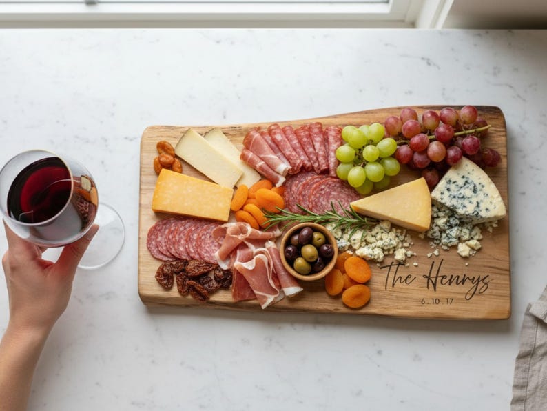 Charcuterie board with meats cheese and wine, perfect entertaining board for housewarming or wedding gift, personalized engraving visible