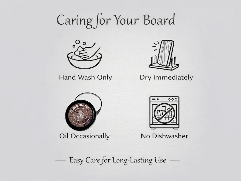 Charcuterie board care instructions hand wash, oil and maintain, no dishwasher, stand on its side to dry to ensure a long lasting heirloom wood gift