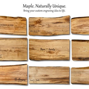Maple wood charcuterie board variations showing natural grain and shape differences, unique handmade gift for realtor closing gifts and bridal shower gifts