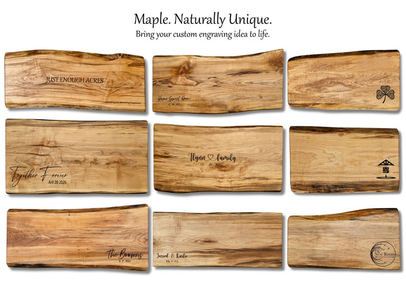 Maple wood charcuterie board variations showing natural grain and shape differences, unique handmade gift for realtor closing gifts and bridal shower gifts
