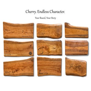 9 cherry wood cutting boards with unique custom engravings meant for wedding gifts and housewarming gift ideas