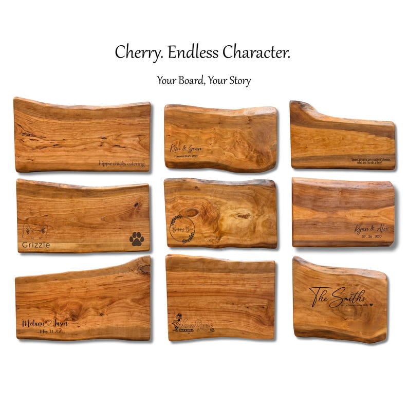 9 cherry wood cutting boards with unique custom engravings meant for wedding gifts and housewarming gift ideas
