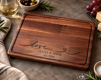 Personalized Cutting Board with Juice Groove and Rubber Feet, Walnut or Cherry Hardwood