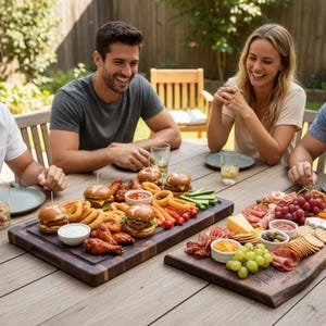 Group enjoying a meal together. A walnut end grain cutting board is being used to serve hot finger foods while a serving board serves cold fresh snacks both beautifully displaying food.