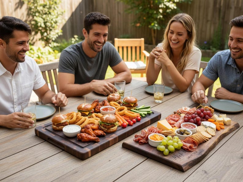 Group enjoying a meal together. A walnut end grain cutting board is being used to serve hot finger foods while a serving board serves cold fresh snacks both beautifully displaying food.
