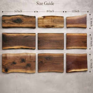 Charcuterie board size guide 12, 18, and 24 inch boards. The visual demonstrates the wide variation in grain pattern and live edge in all sizes of charcuterie boards.