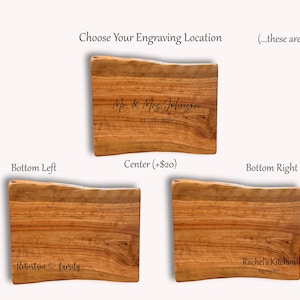 three live edge cherry cutting boards demonstrating possible engraving locations to make for a personalized gift.