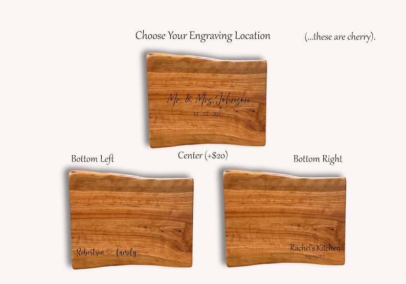 three live edge cherry cutting boards demonstrating possible engraving locations to make for a personalized gift.