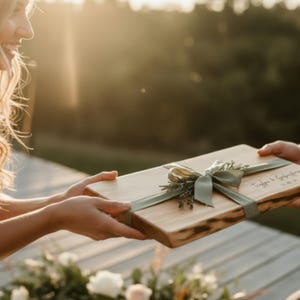 Giving a personalized live edge wood cutting board as a gift at a wedding.