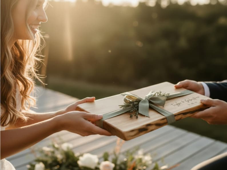Giving a personalized live edge wood cutting board as a gift at a wedding.