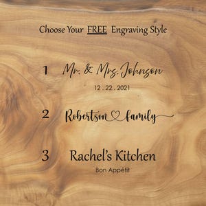 Three engraving styles for shoppers to choose from to personalize their charcuterie board.